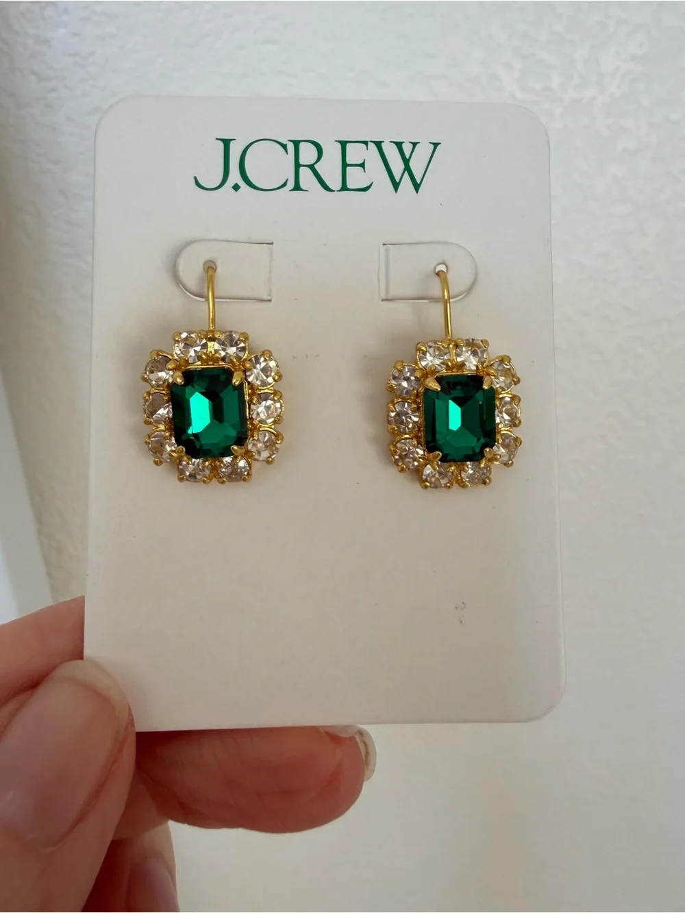 J. Crew Gold-Tone Earrings with Emerald Green and Clear Crystal Halo - Picture 1 of 5
